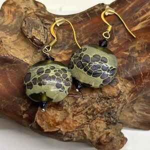 Round Art Glass Bead Earrings Purple And Green Goldtone Hooks